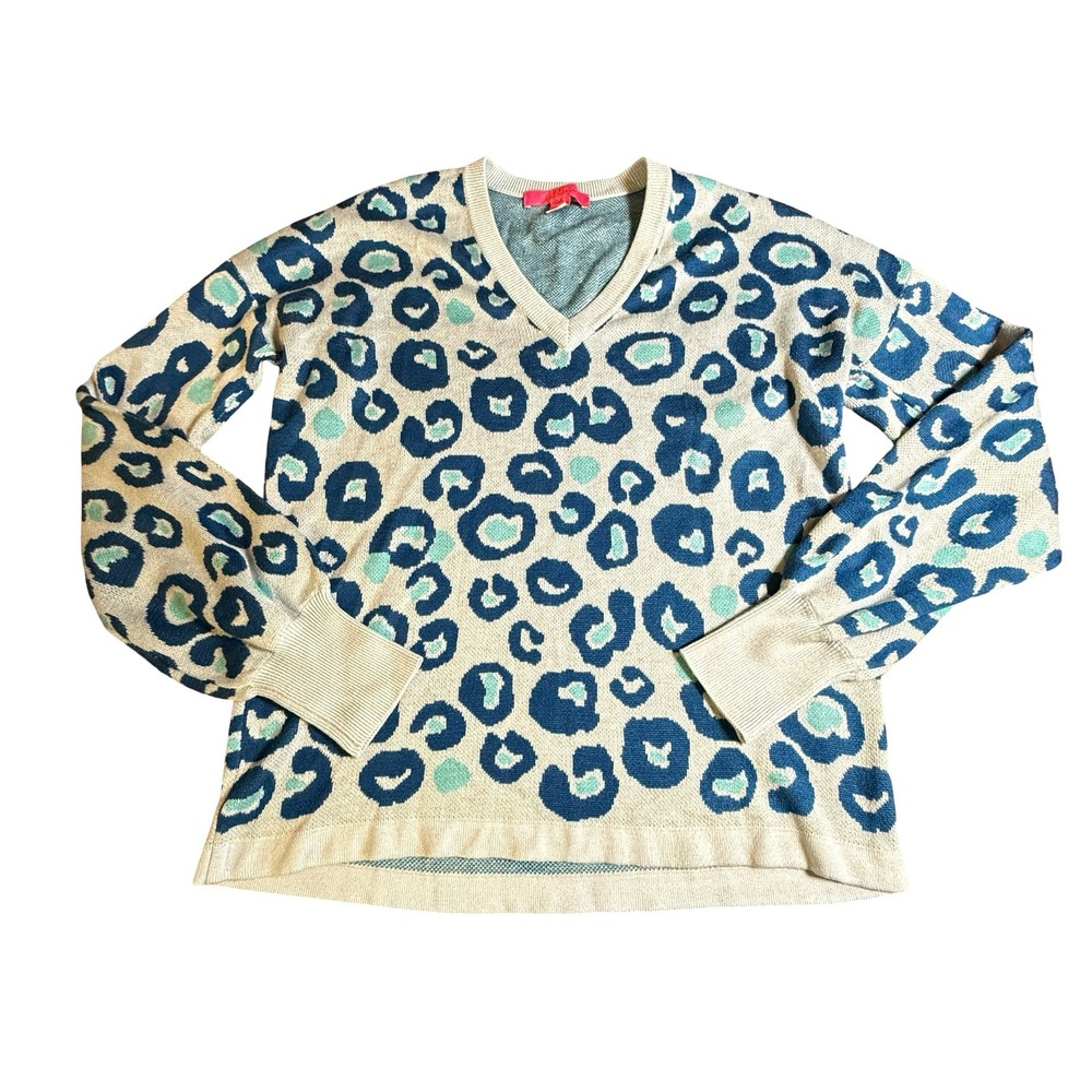 Lilly Pulitzer Skim Blue Teal Don't Be A Cheetah Print‎ V-Neck Sweater Womens S